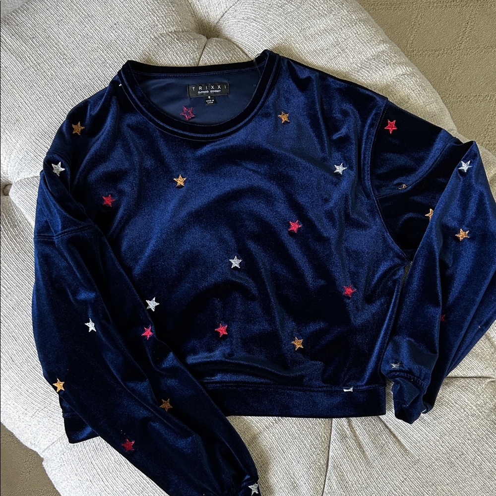 Trixxi Navy Velvet Top with embroidered stars